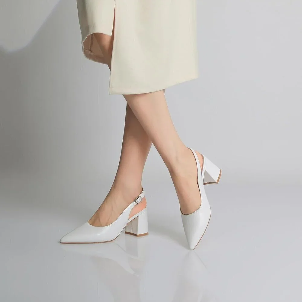 Women's White Pointed Closed Toe Slingback Chunky Heels Office Work Pump Shoes